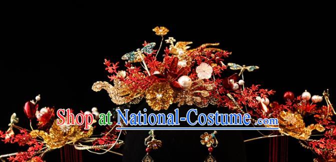 Chinese Traditional Wedding Red Hair Crown and Phoenix Hairpins Bride Xiuhe Suit Hair Accessories Complete Set