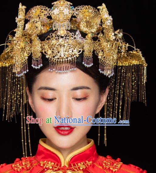 Chinese Traditional Wedding Hair Crown Bride Hair Accessories Xiuhe Suit Golden Phoenix Coronet Complete Set