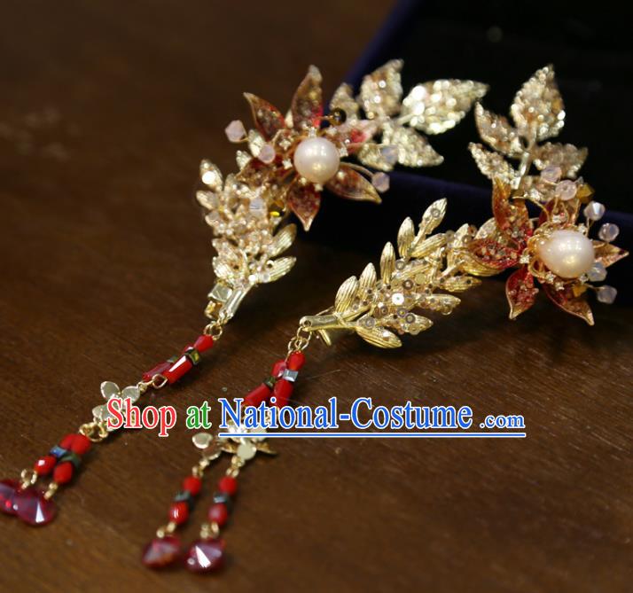 Chinese Traditional Wedding Golden Leaf Hair Sticks Classical Hair Accessories Xiuhe Suit Hairpins