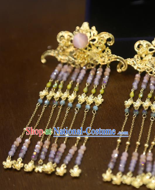 Chinese Xiuhe Suit Beads Tassel Hairpins Traditional Golden Hair Sticks Classical Wedding Hair Accessories