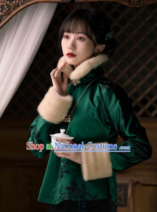 China Tang Suit Green Silk Jacket Traditional Upper Outer Garment Winter Clothing for Women