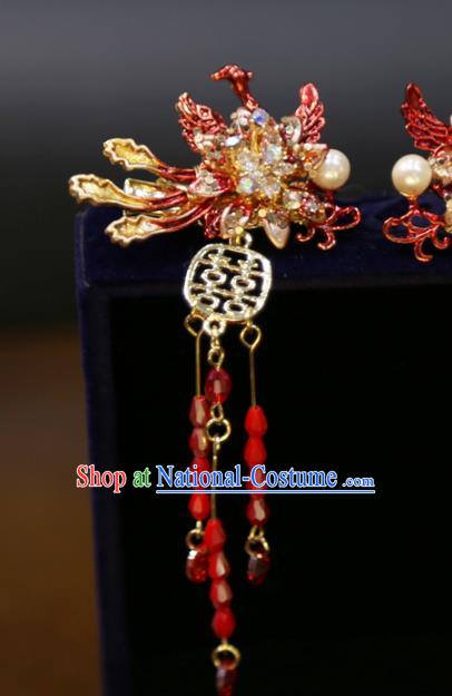 Chinese Wedding Xiuhe Suit Red Beads Tassel Hairpins Traditional Classical Hair Accessories Phoenix Hair Sticks