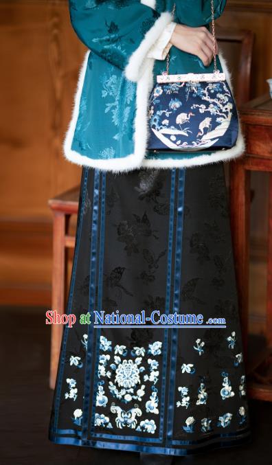 Chinese Qing Dynasty Black Satin Skirt Traditional Costume Noble Woman Bust Skirt