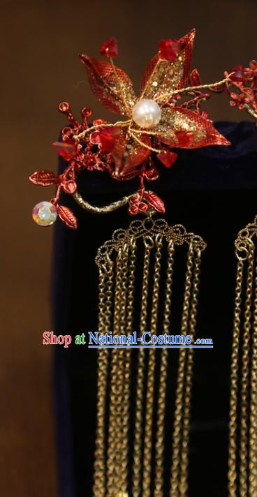 Chinese Wedding Golden Tassel Hairpins Traditional Classical Hair Accessories Xiuhe Suit Red Flower Hair Sticks