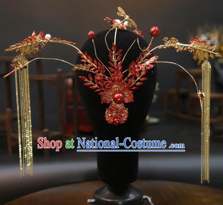 China Handmade Golden Tassel Hair Crown Wedding Hair Jewelry Accessories Traditional Bride Red Phoenix Coronet