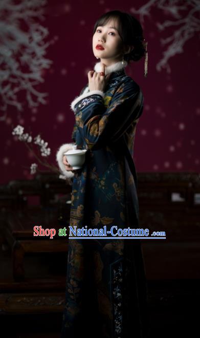 Chinese Traditional Qipao Dress Qing Dynasty Costume Winter Deep Blue Silk Cheongsam