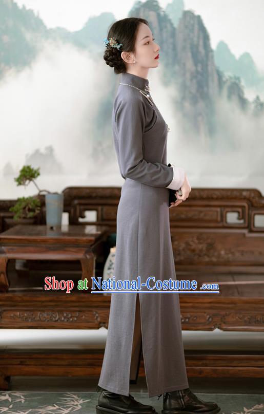 Chinese Classical Qipao Dress Traditional Women Costume Grey Cheongsam