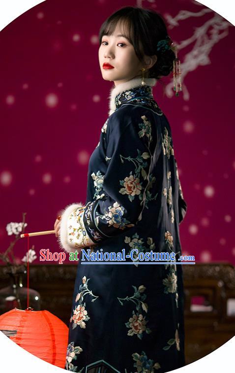 Chinese Traditional Qing Dynasty Costumes Ancient Noble Lady Clothing Winter Embroidered Navy Silk Qipao Dress