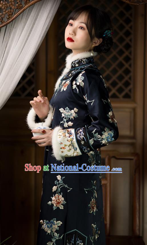 Chinese Traditional Qing Dynasty Costumes Ancient Noble Lady Clothing Winter Embroidered Navy Silk Qipao Dress