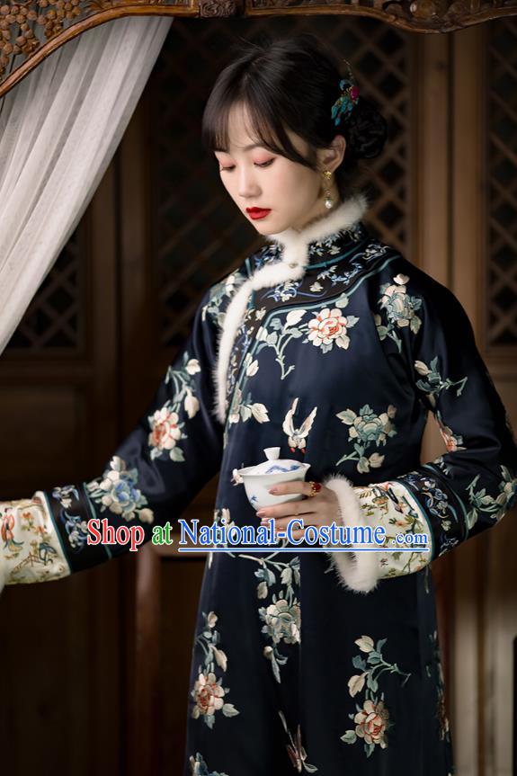 Chinese Traditional Qing Dynasty Costumes Ancient Noble Lady Clothing Winter Embroidered Navy Silk Qipao Dress