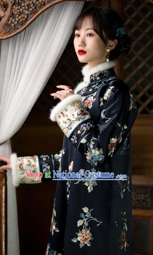 Chinese Traditional Qing Dynasty Costumes Ancient Noble Lady Clothing Winter Embroidered Navy Silk Qipao Dress