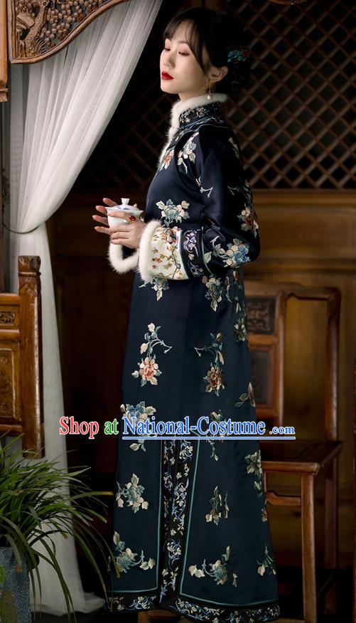 Chinese Traditional Qing Dynasty Costumes Ancient Noble Lady Clothing Winter Embroidered Navy Silk Qipao Dress