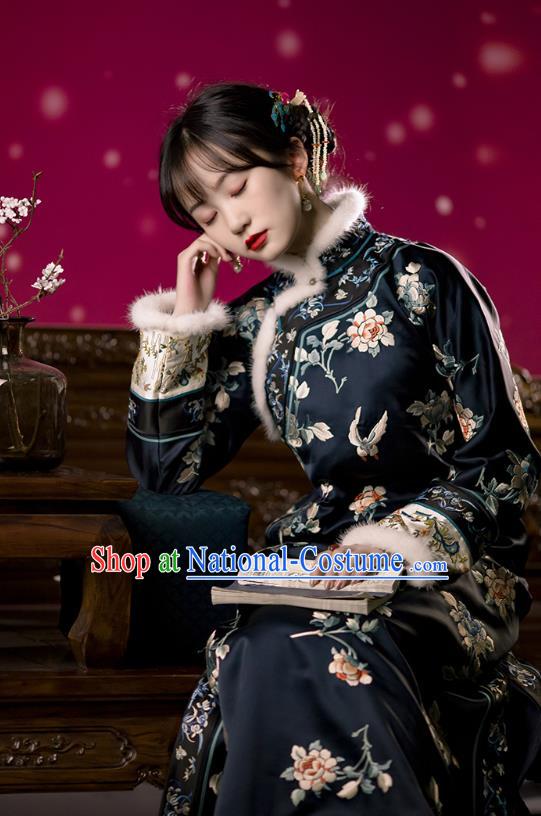 Chinese Traditional Qing Dynasty Costumes Ancient Noble Lady Clothing Winter Embroidered Navy Silk Qipao Dress