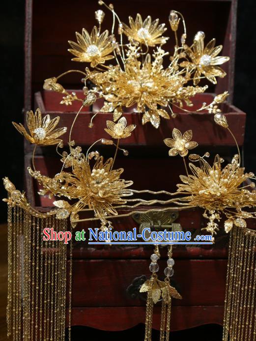 Chinese Wedding Golden Flowers Hairpins Traditional Classical Hair Accessories Xiuhe Suit Hair Comb Full Set