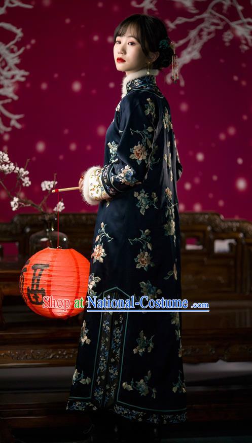 Chinese Traditional Qing Dynasty Costumes Ancient Noble Lady Clothing Winter Embroidered Navy Silk Qipao Dress