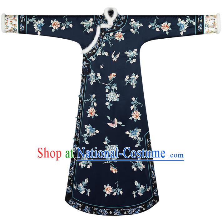 Chinese Traditional Qing Dynasty Costumes Ancient Noble Lady Clothing Winter Embroidered Navy Silk Qipao Dress