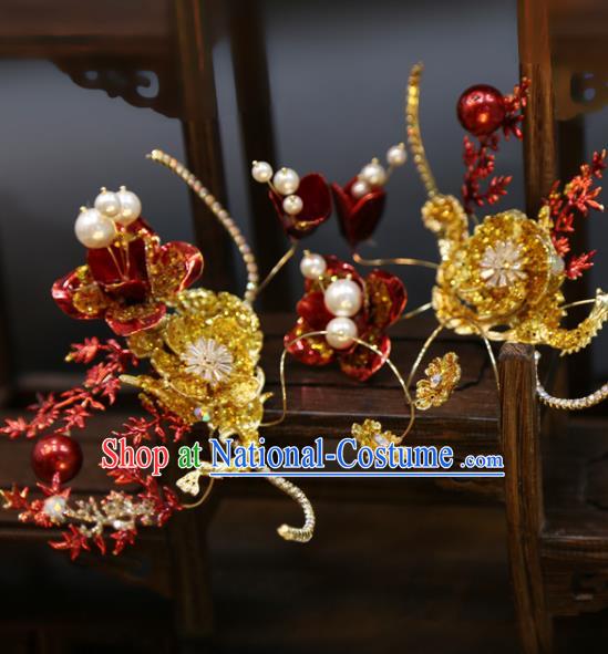 Chinese Xiuhe Suit Red Flower Hairpins Classical Hair Accessories Traditional Wedding Hair Sticks