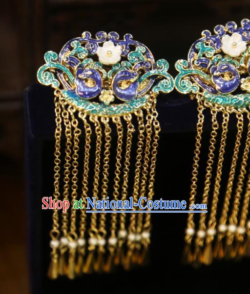 Chinese Xiuhe Suit Blueing Phoenix Hairpins Classical Hair Accessories Traditional Wedding Golden Tassel Hair Claws