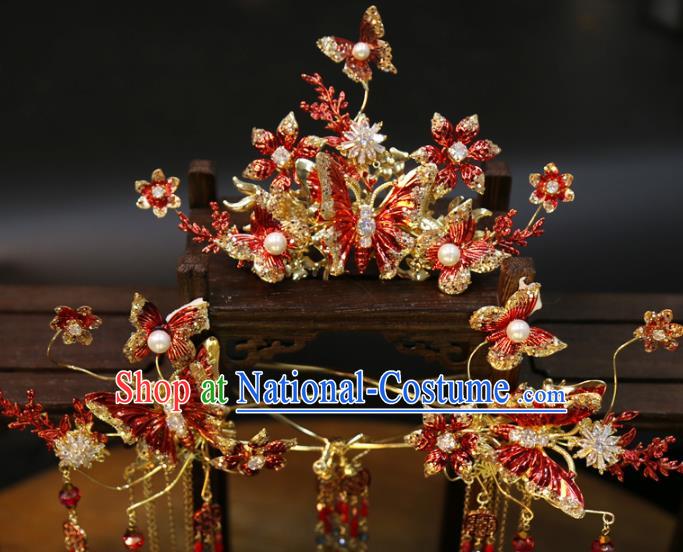 Chinese Classical Hair Accessories Traditional Wedding Xiuhe Suit Red Butterfly Hair Crown and Hairpins Full Set