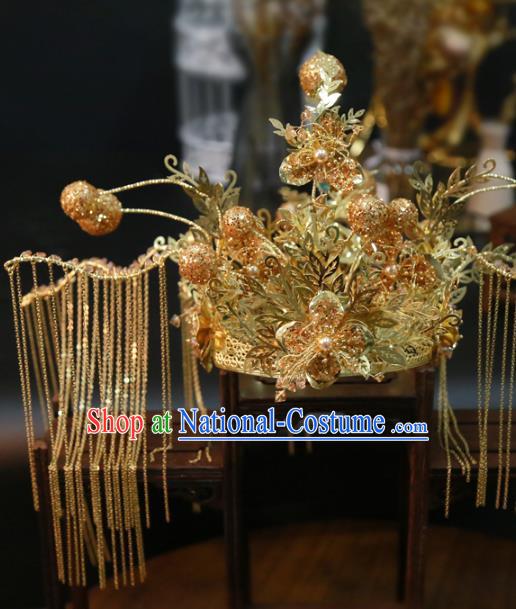 Chinese Classical Golden Tassel Hair Crown Traditional Hair Accessories Wedding Xiuhe Suit Phoenix Coronet