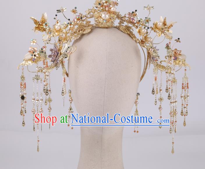 Chinese Xiuhe Suit Pearl Hair Crown Headpieces Traditional Wedding Hair Accessories Classical Golden Phoenix Coronet Full Set