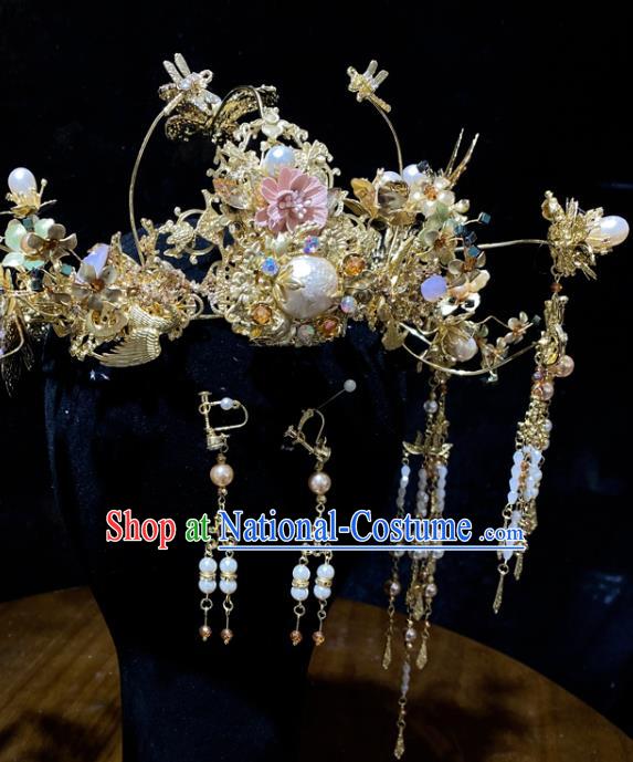 Chinese Xiuhe Suit Pearl Hair Crown Headpieces Traditional Wedding Hair Accessories Classical Golden Phoenix Coronet Full Set