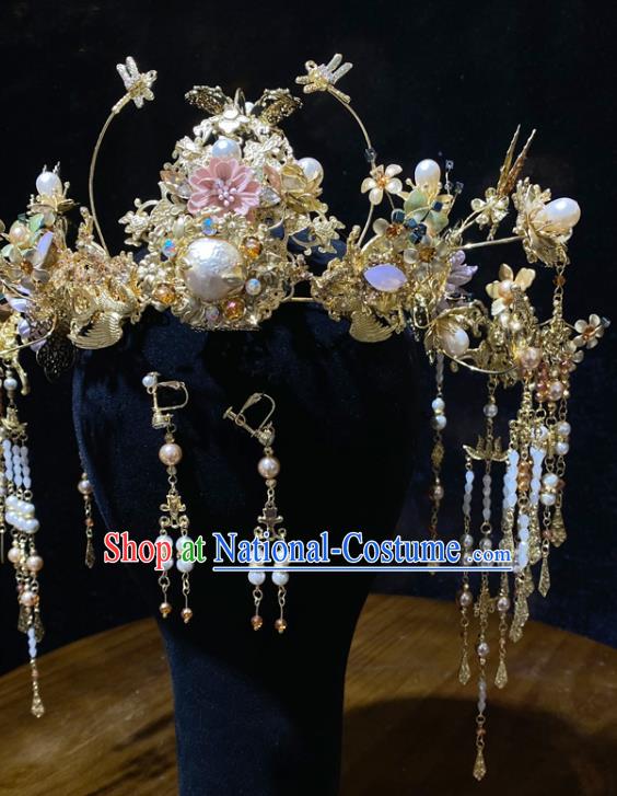 Chinese Xiuhe Suit Pearl Hair Crown Headpieces Traditional Wedding Hair Accessories Classical Golden Phoenix Coronet Full Set