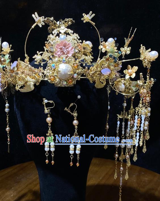 Chinese Xiuhe Suit Pearl Hair Crown Headpieces Traditional Wedding Hair Accessories Classical Golden Phoenix Coronet Full Set