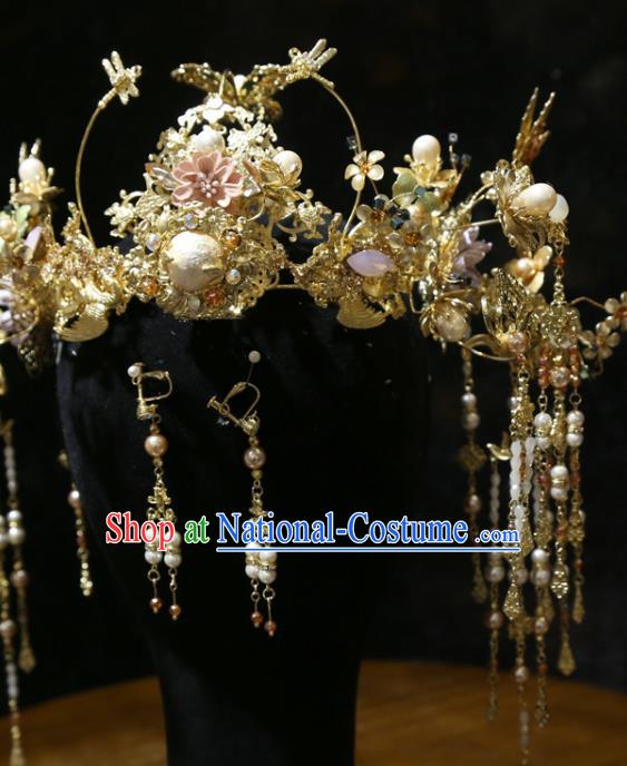 Chinese Xiuhe Suit Pearl Hair Crown Headpieces Traditional Wedding Hair Accessories Classical Golden Phoenix Coronet Full Set