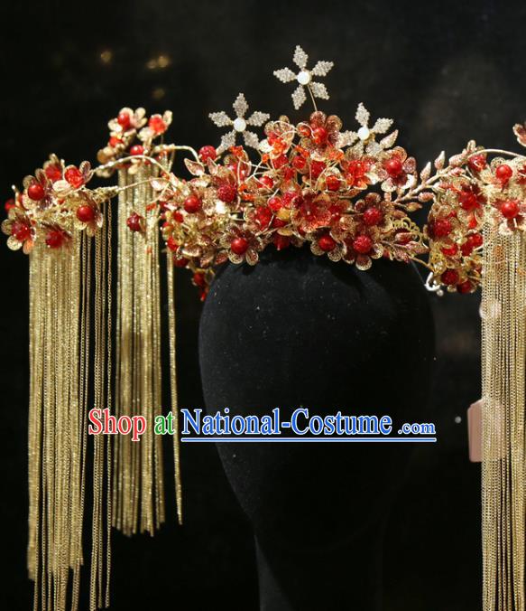 Chinese Xiuhe Suit Hair Crown Traditional Wedding Hair Accessories Classical Red Beads Phoenix Coronet Headpieces