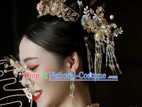 Chinese Xiuhe Suit Hair Crown and Tassel Hairpins Traditional Wedding Hair Accessories Full Set