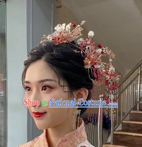 Chinese Traditional Wedding Hair Accessories Hair Crown and Hairpins Xiuhe Suit Red Tassel Phoenix Coronet Full Set