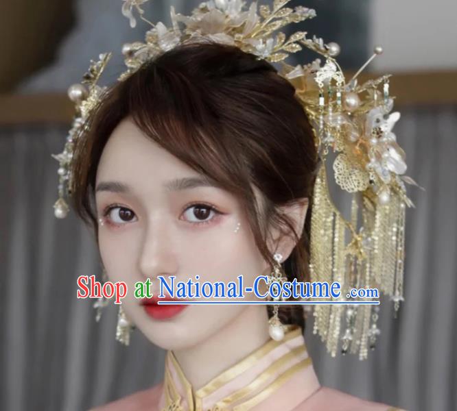 Chinese Golden Hair Crown Xiuhe Suit Phoenix Coronet Traditional Wedding Hair Accessories Full Set