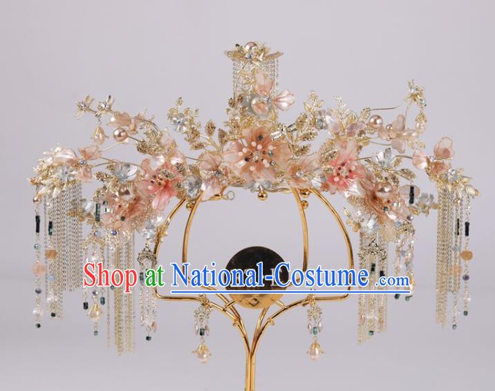 Chinese Pink Flowers Hair Crown Traditional Wedding Hair Accessories Xiuhe Suit Phoenix Coronet Full Set