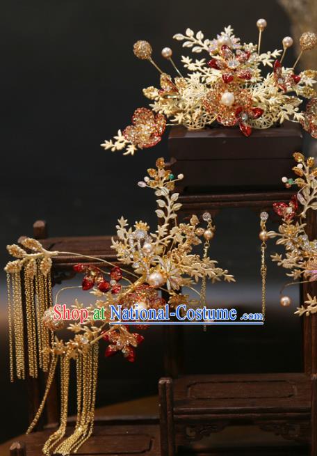 Chinese Traditional Golden Hair Comb and Hairpins Wedding Hair Accessories Xiuhe Suit Headpieces Full Set