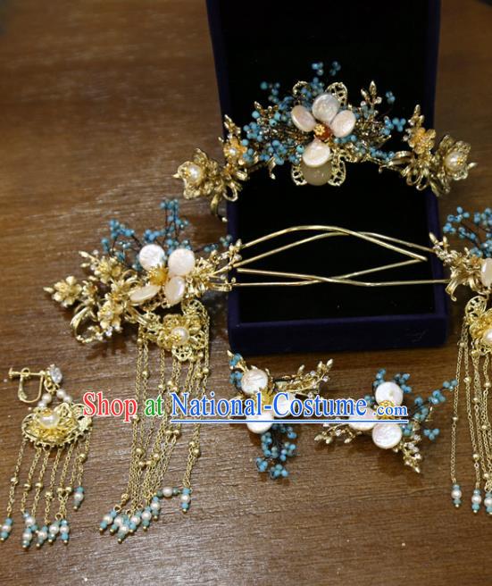 Chinese Xiuhe Suit Shell Plum Hair Crown Classical Hair Accessories Traditional Wedding Tassel Hairpins Full Set