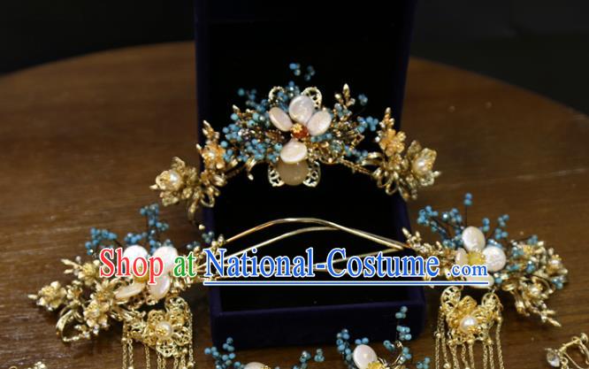 Chinese Xiuhe Suit Shell Plum Hair Crown Classical Hair Accessories Traditional Wedding Tassel Hairpins Full Set