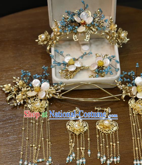 Chinese Xiuhe Suit Shell Plum Hair Crown Classical Hair Accessories Traditional Wedding Tassel Hairpins Full Set