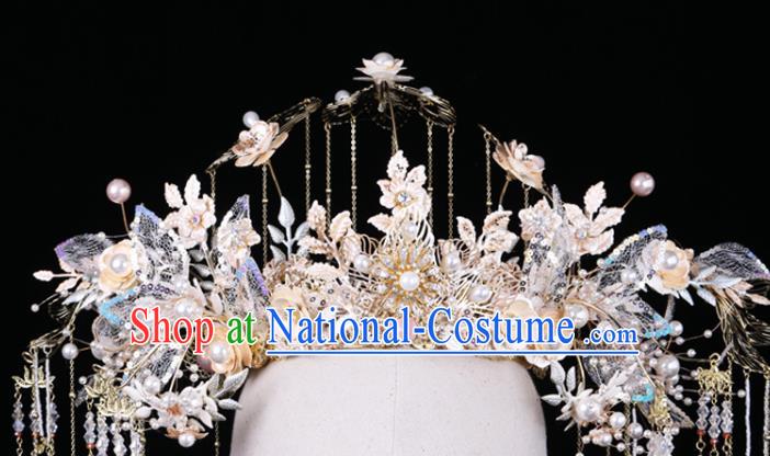 Chinese Traditional Phoenix Coronet Wedding Hair Accessories Xiuhe Suit Lace Flowers Hair Crown Full Set