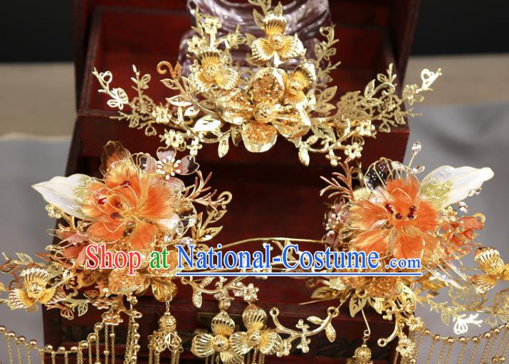 Chinese Traditional Wedding Hair Accessories Xiuhe Suit Golden Flowers Hair Comb Hairpins Full Set