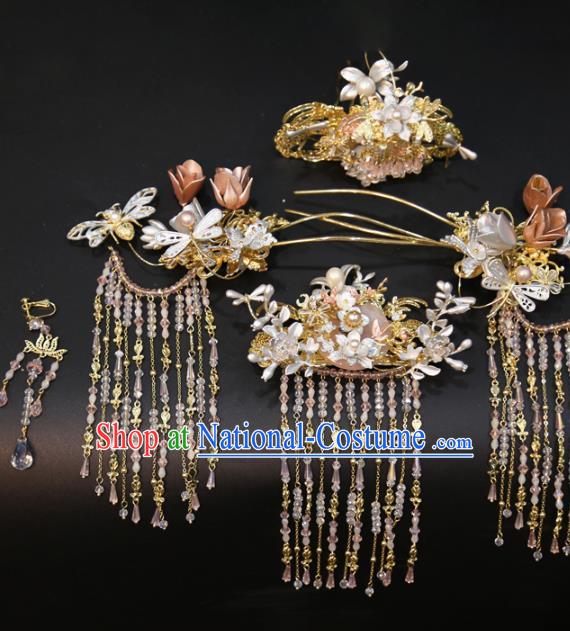 Chinese Traditional Headdress Wedding Hair Accessories Xiuhe Suit Golden Hair Crown and Tassel Hairpins Full Set