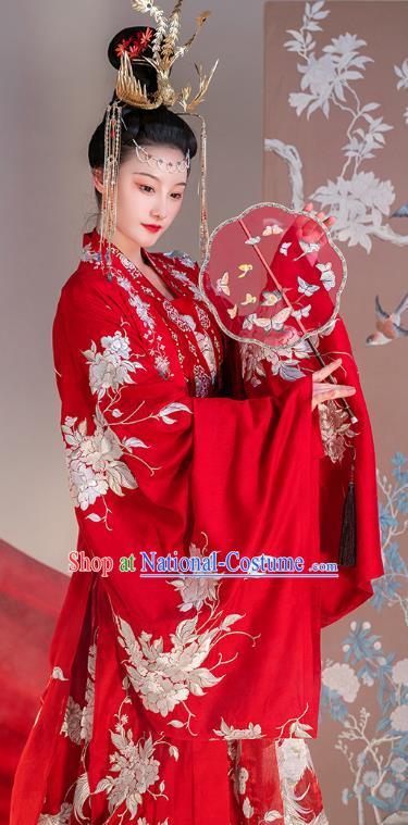 Traditional China Ancient Royal Princess Embroidered Red Costumes Tang Dynasty Wedding Clothing Complete Set