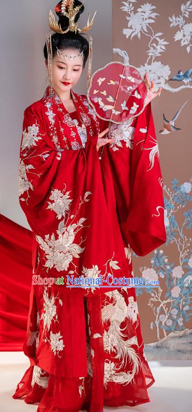 Traditional China Ancient Royal Princess Embroidered Red Costumes Tang Dynasty Wedding Clothing Complete Set