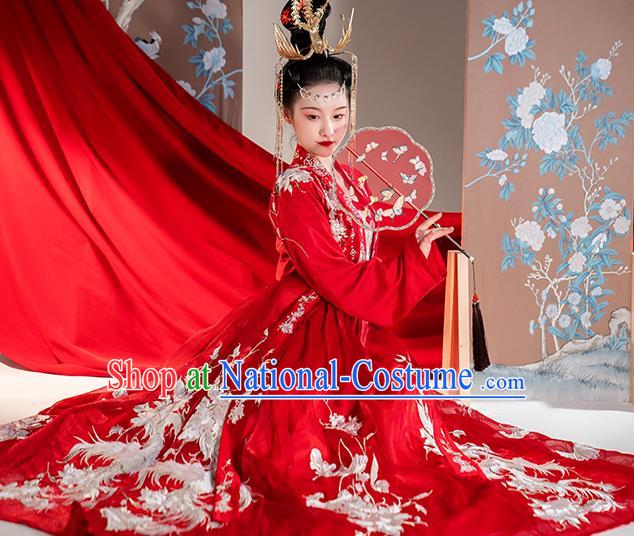 Traditional China Ancient Royal Princess Embroidered Red Costumes Tang Dynasty Wedding Clothing Complete Set