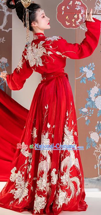 Traditional China Ancient Royal Princess Embroidered Red Costumes Tang Dynasty Wedding Clothing Complete Set