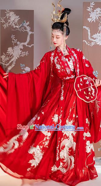 Traditional China Ancient Royal Princess Embroidered Red Costumes Tang Dynasty Wedding Clothing Complete Set