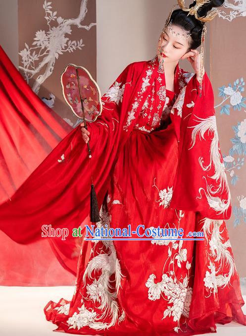 Traditional China Ancient Royal Princess Embroidered Red Costumes Tang Dynasty Wedding Clothing Complete Set