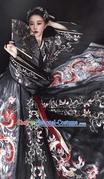 Ancient China Jin Dynasty Imperial Concubine Hanfu Dress Traditional Embroidered Black Clothing Full Set