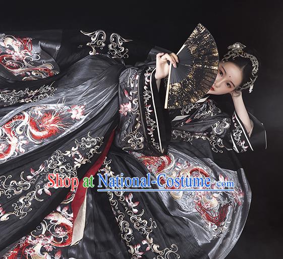 Ancient China Jin Dynasty Imperial Concubine Hanfu Dress Traditional Embroidered Black Clothing Full Set