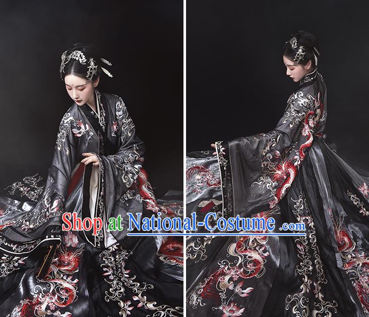 Ancient China Jin Dynasty Imperial Concubine Hanfu Dress Traditional Embroidered Black Clothing Full Set